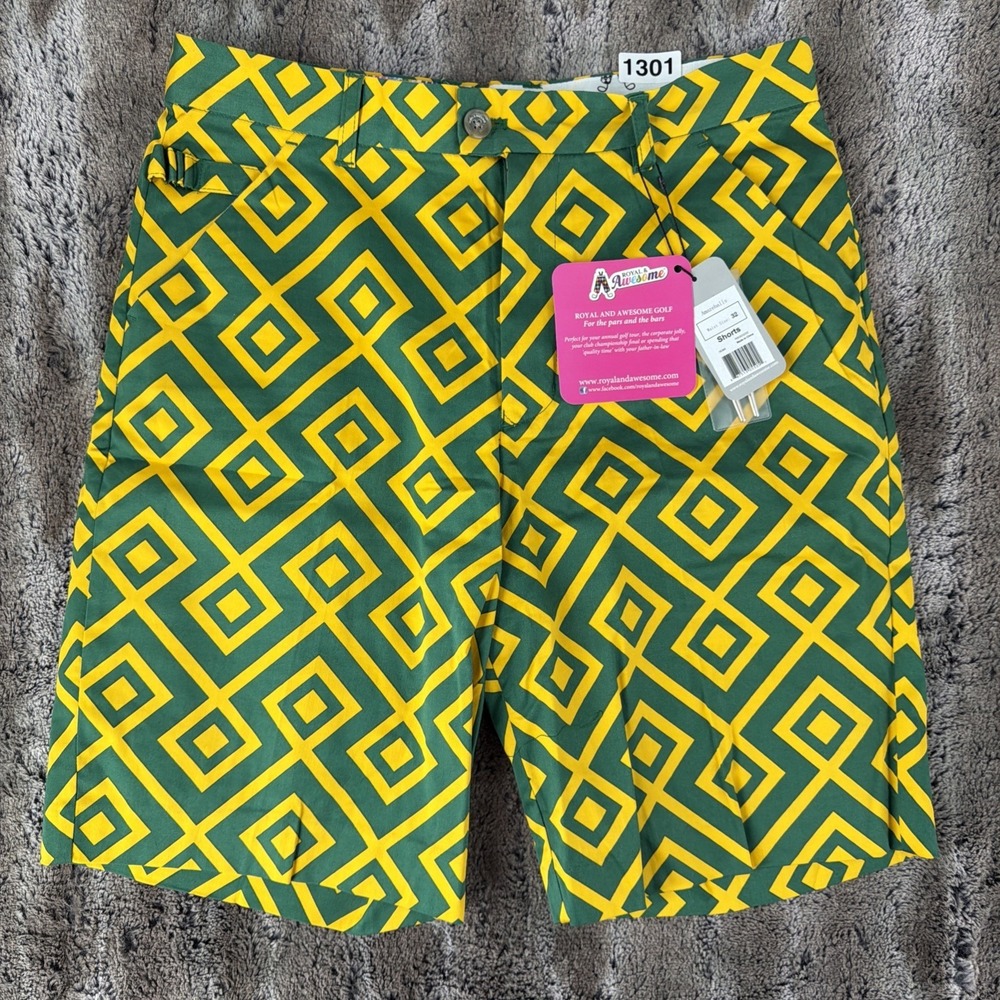 NWT Royal & Awesome Golf Shorts Men's 32 Amazeballs Green Yellow Diamond Print